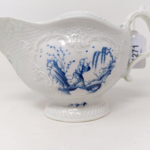 1271 - A Worcester porcelain blue and white sauce boat, decorated figures in a landscape, open crescent mar... 