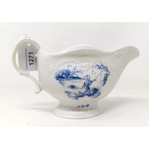 1271 - A Worcester porcelain blue and white sauce boat, decorated figures in a landscape, open crescent mar... 