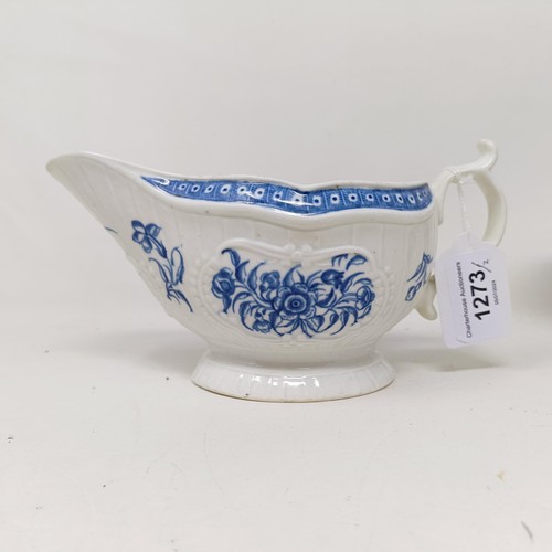 1273 - A pair of Worcester porcelain blue and white sauce boats, decorated flowers, open crescent mark to b... 