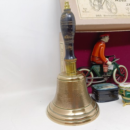 1267 - A reproduction toy, Rolli 230, boxed, assorted enamel boxes, and a hand bell (qty)