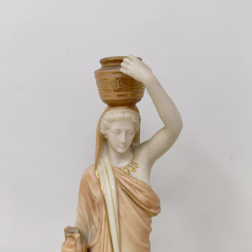 1258 - A Royal Worcester blush ivory classical figure holding an urn, 24 cm high