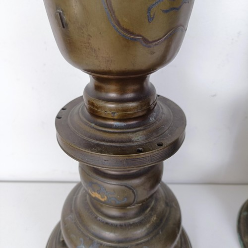 1311 - A pair of Japanese bronze stands, decorated figures, converted to lamps, 46 cm high