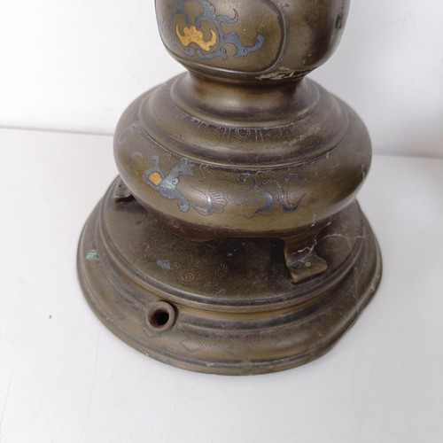 1311 - A pair of Japanese bronze stands, decorated figures, converted to lamps, 46 cm high