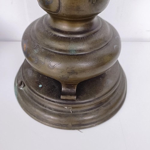 1311 - A pair of Japanese bronze stands, decorated figures, converted to lamps, 46 cm high