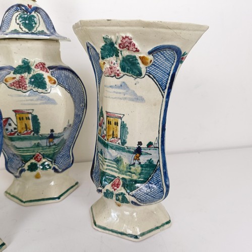 1298 - A Delft polychrome garniture, comprising two vases and covers and three vases