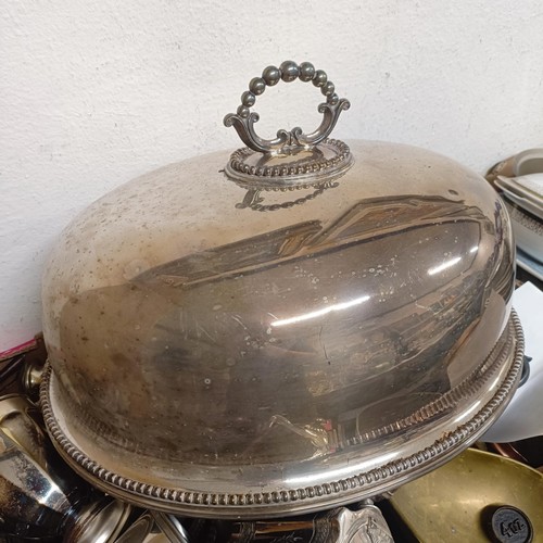 1230 - A silver plated oval meat cover, with a ring handle, 57 cm wide, and assorted metalwares (2 boxes)