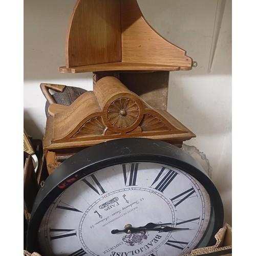 1229 - A mantel clock, in a walnut case, 42 cm high, two African masks, and assorted other items (box)