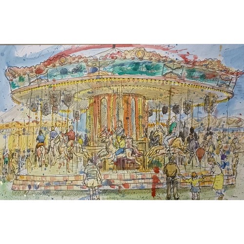 706 - Peter Atkins, Carousel, watercolour and ink, signed, 30 x 46 cm, artist label verso