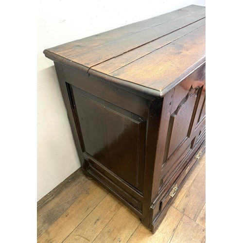 1418 - Ann 18th century inlaid oak mule chest, named, 156 cm wide