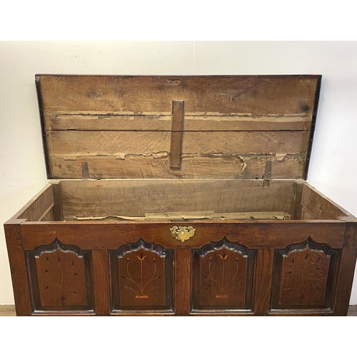 1418 - Ann 18th century inlaid oak mule chest, named, 156 cm wide