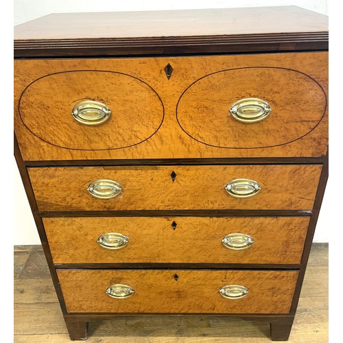 1416 - A 19th century mahogany and birdseye maple secretaire chest, of small proportions, having a fitted d... 