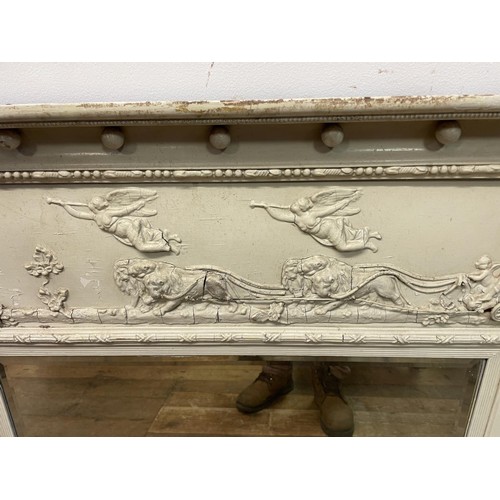 1419 - A late 19th century painted overmantel mirror, decorated a classical frieze, 91 x 150 cm