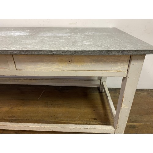 1373 - A country house painted kitchen table, with a zinc top, 197 x 80 cm