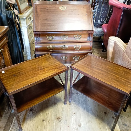 1381 - An 18th century style mahogany bureau, 66 cm wide, and a pair of mahogany two tier tables (3)