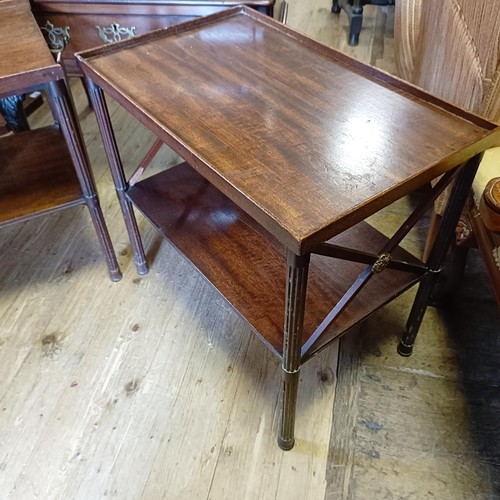 1381 - An 18th century style mahogany bureau, 66 cm wide, and a pair of mahogany two tier tables (3)