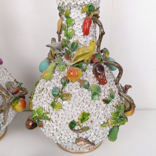 1263 - A large pair of Meissen style Schneeballen baluster vases and covers, 48 cm high (2)