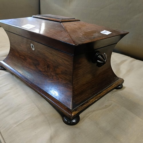 1341 - A 19th century rosewood tea caddy, a hinged lid to reveal a cut glass mixing bowl, repaired, and two... 