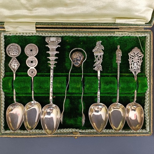 3 - Six Chinese silver coloured metal teaspoons, a pair of sugar nips, cased, and assorted silver plate