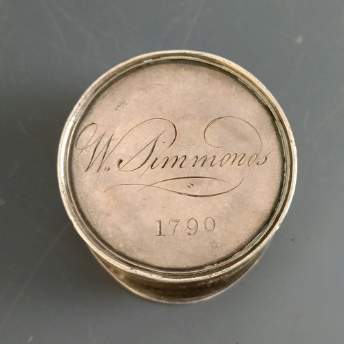 177 - A late 18th century silver snuff box, named and dated 1790, apparently unmarked, 4 cm wide, 1.4 ozt