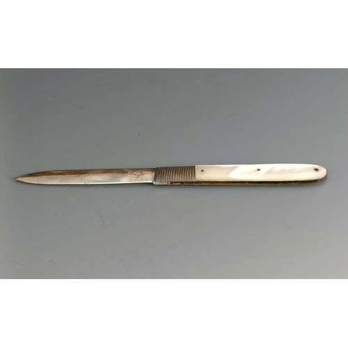 180 - An early 19th century silver and mother of pearl fruit knife, initialled, with a travelling case