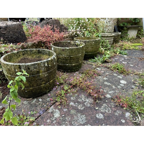 47 - Three reconstituted stone garden planters, in the form of barrels, and two others (5)