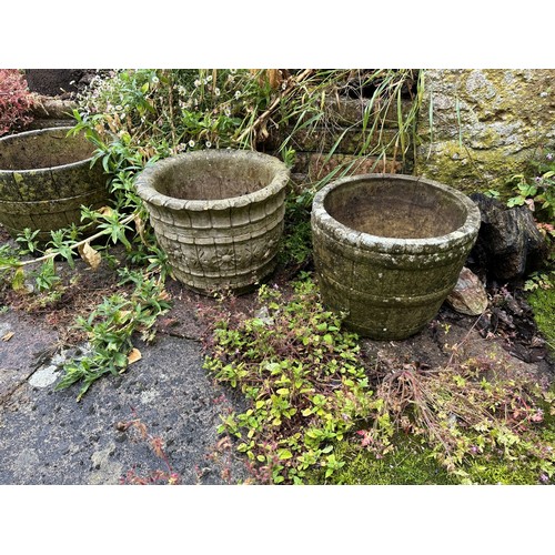 47 - Three reconstituted stone garden planters, in the form of barrels, and two others (5)