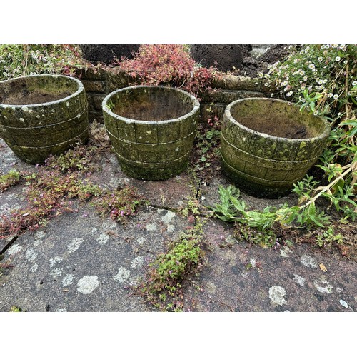 47 - Three reconstituted stone garden planters, in the form of barrels, and two others (5)