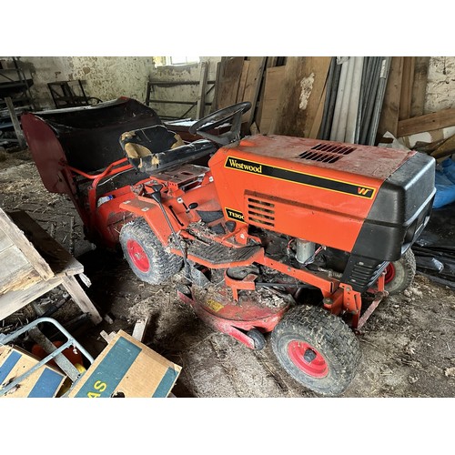 48 - A Westwood T130 ride on lawn mower, with a grass box and small trailer, barn stored, with key