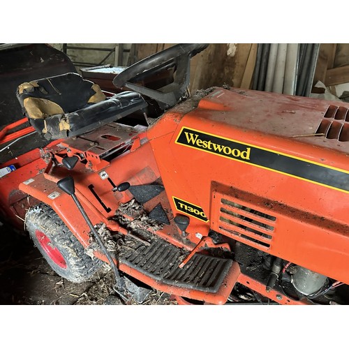 48 - A Westwood T130 ride on lawn mower, with a grass box and small trailer, barn stored, with key