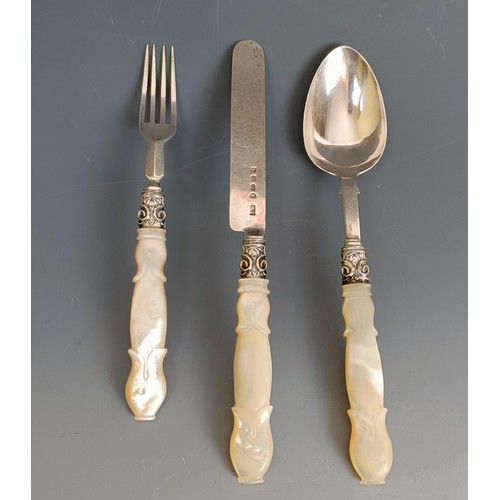 238 - A silver and mother of pearl three piece christening cutlery set, Birmingham 1860, cased