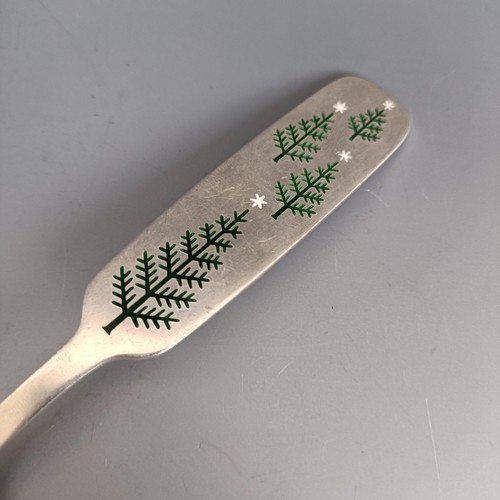 240 - A Danish silver spoon, with green enamel tree decoration, Jul 1950