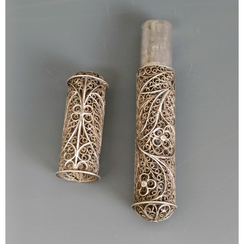 286 - A silver coloured metal and filigree  work cheroot holder, possibly 18th century, 10.5 cm