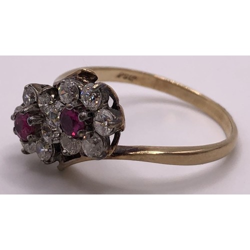 578 - A yellow metal and pink stone ring, ring size L, a crossover ring, a pair of studs, and a 9ct gold r... 