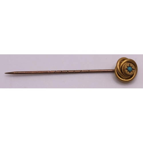 586 - A 9ct gold and turquoise stick pin, in a vintage jewellery box, and a 9ct gold and seed pearl bar br... 