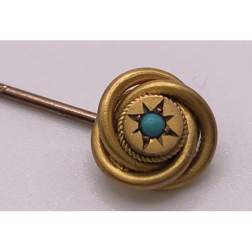 586 - A 9ct gold and turquoise stick pin, in a vintage jewellery box, and a 9ct gold and seed pearl bar br... 