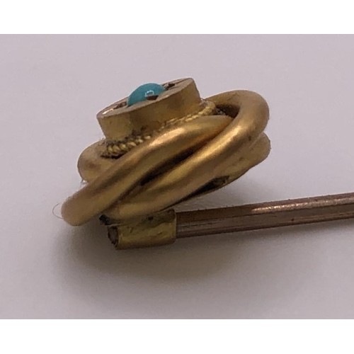 586 - A 9ct gold and turquoise stick pin, in a vintage jewellery box, and a 9ct gold and seed pearl bar br... 