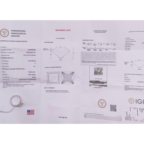 587 - A lab grown princess cut solitaire diamond ring, approx. 2ct, with a copy of the certificate