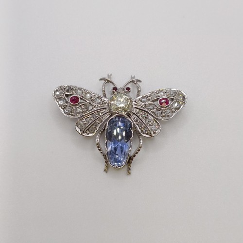 588 - A diamond, aquamarine and ruby bee brooch, the central diamond 1.2ct approx.