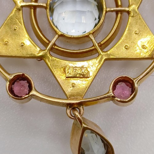 605 - A 15ct gold, aquamarine, pink stone and seed pearl pendant, on a chain