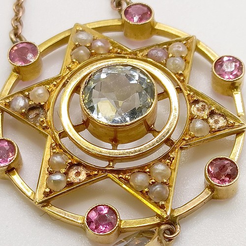 605 - A 15ct gold, aquamarine, pink stone and seed pearl pendant, on a chain