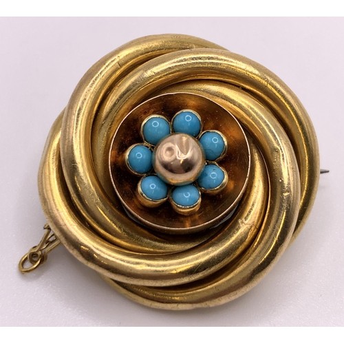 619 - ***Withdrawn*** A late 19th/early 20th century yellow metal and turquoise memorial brooch, the back ... 