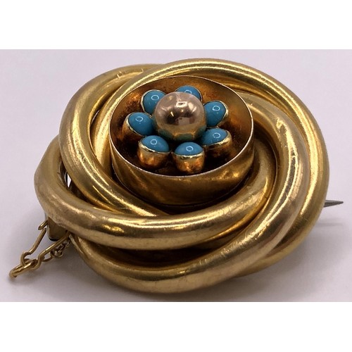 619 - ***Withdrawn*** A late 19th/early 20th century yellow metal and turquoise memorial brooch, the back ... 