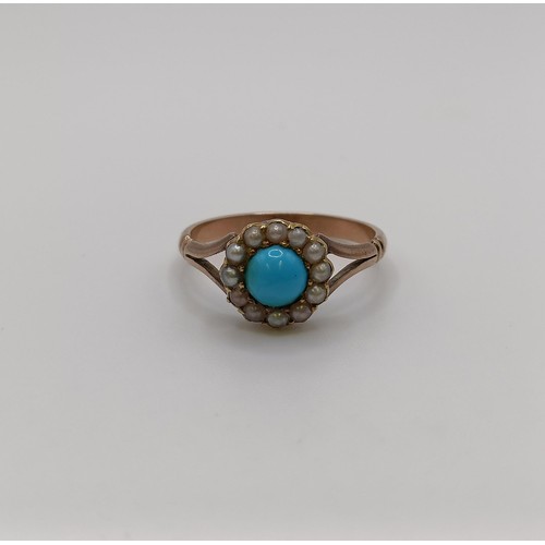 621 - A turquoise and seed pearl ring, ring size M, and two bar brooches (3)