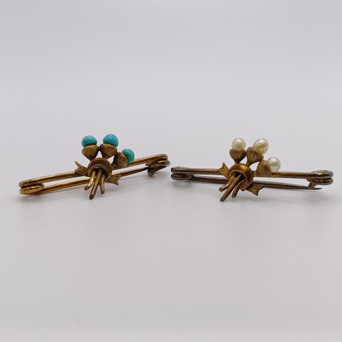 621 - A turquoise and seed pearl ring, ring size M, and two bar brooches (3)