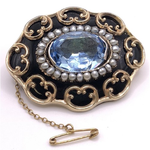 625 - A 19th century yellow metal, sky blue stone and seed pearl memorial brooch, the back engraved Doroth... 