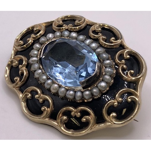 625 - A 19th century yellow metal, sky blue stone and seed pearl memorial brooch, the back engraved Doroth... 