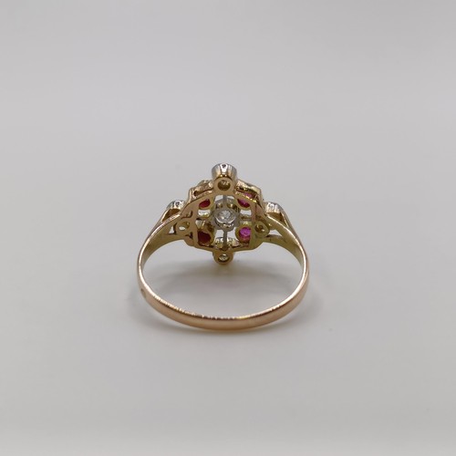 646 - A Victorian style 18ct gold, diamond and red stone ring, ring size P