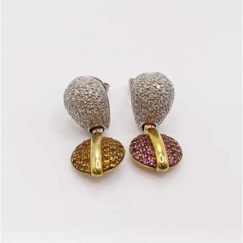 677 - A pair of 18ct gold, diamond and coloured stone earrings