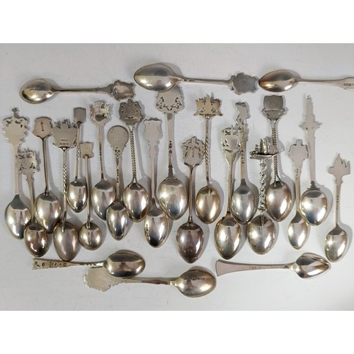 80 - Assorted silver coloured metal and other travel/commemorative spoons, some with enamel decoration