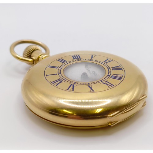 770 - An 18ct gold and blue enamel Elgin half hunter pocket watch, with an enamel dial